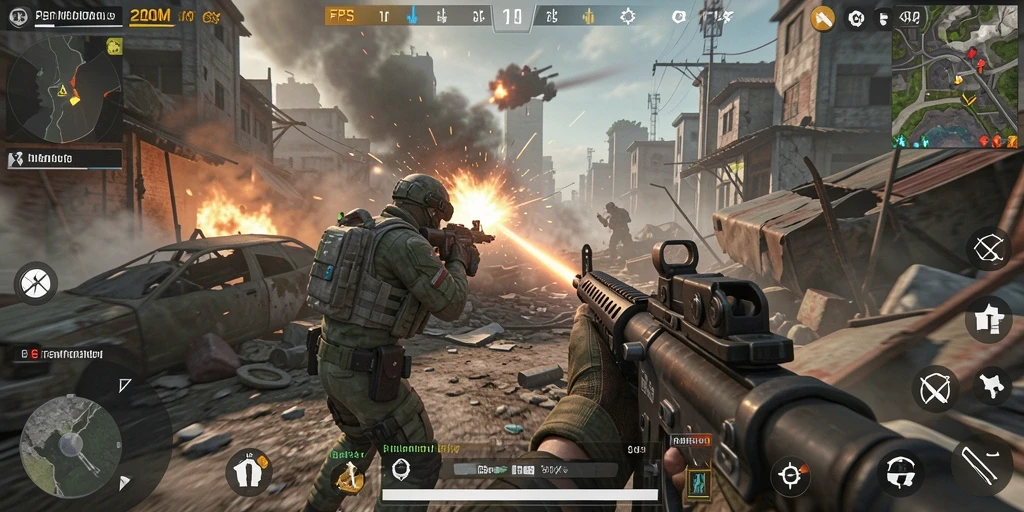 Screenshot D200M menunjukkan aksi gameplay FPS yang intens dan mendebarkan.