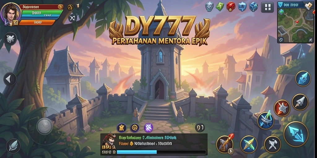 Tampilan seru dari gameplay pertahanan menara di DY777.