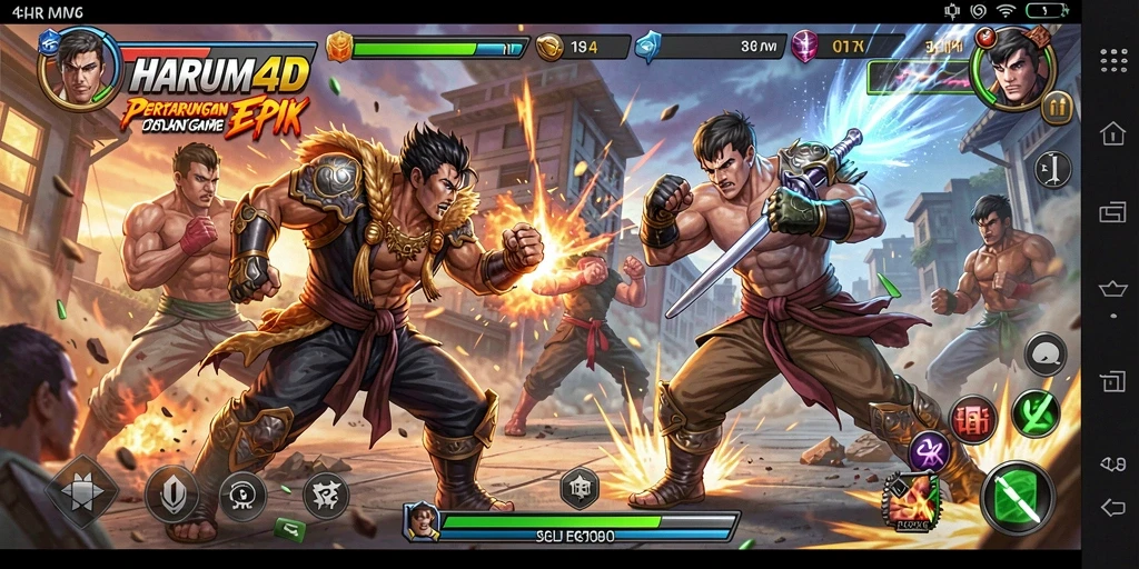 Screenshot gameplay menampilkan pertarungan intens di arena Fighting.