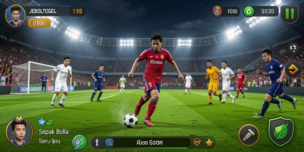 Screenshot game JEBOLTOGEL menampilkan aksi seru di lapangan sepak bola.