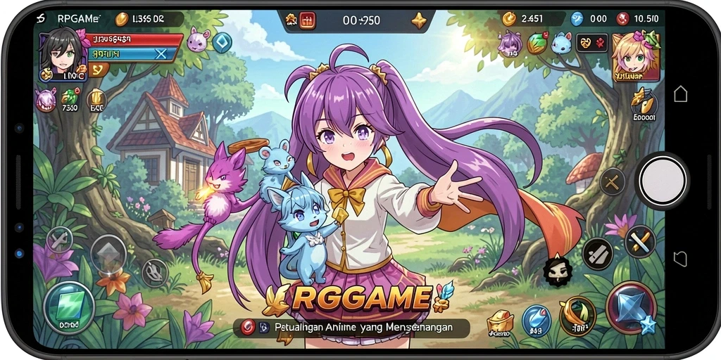 Tampilan gameplay RPGAME yang dramatis dengan karakter anime menarik.