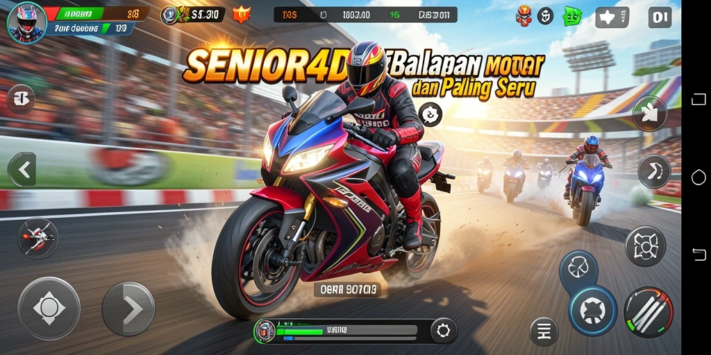Tampilan gameplay mendebarkan dalam SENIOR4D dengan balapan motor yang cepat.