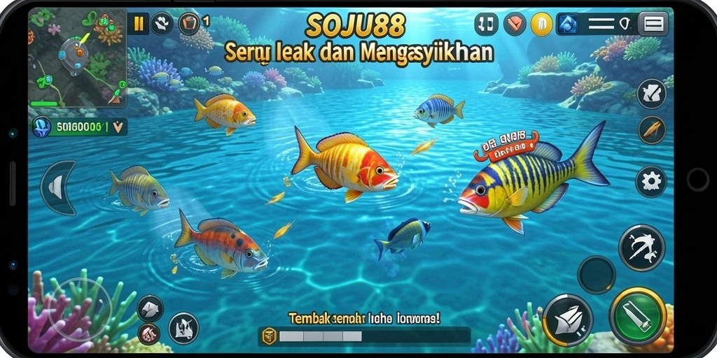 Screenshot gameplay <strong>SOJU88</strong> menampilkan aksi seru dalam menembak ikan.