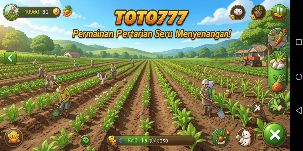 Screenshot gameplay TOTO777 dengan tema pertanian yang cerah dan interaktif.