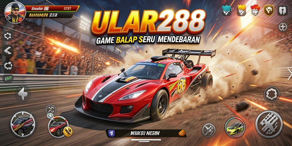 Screenshot gameplay ULAR288 menampilkan balapan mendebarkan dengan kendaraan cepat.